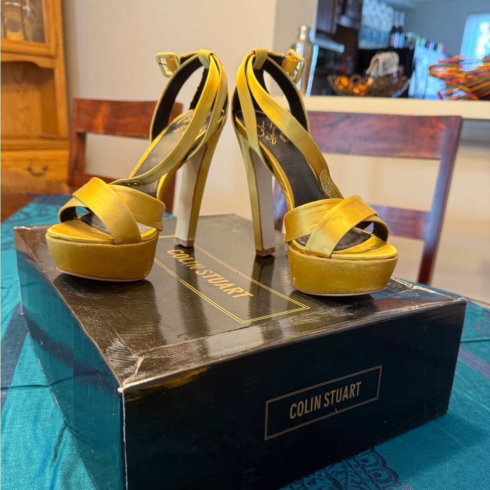Colin Stuart Goldenrod Satin Strappy Platform Heels